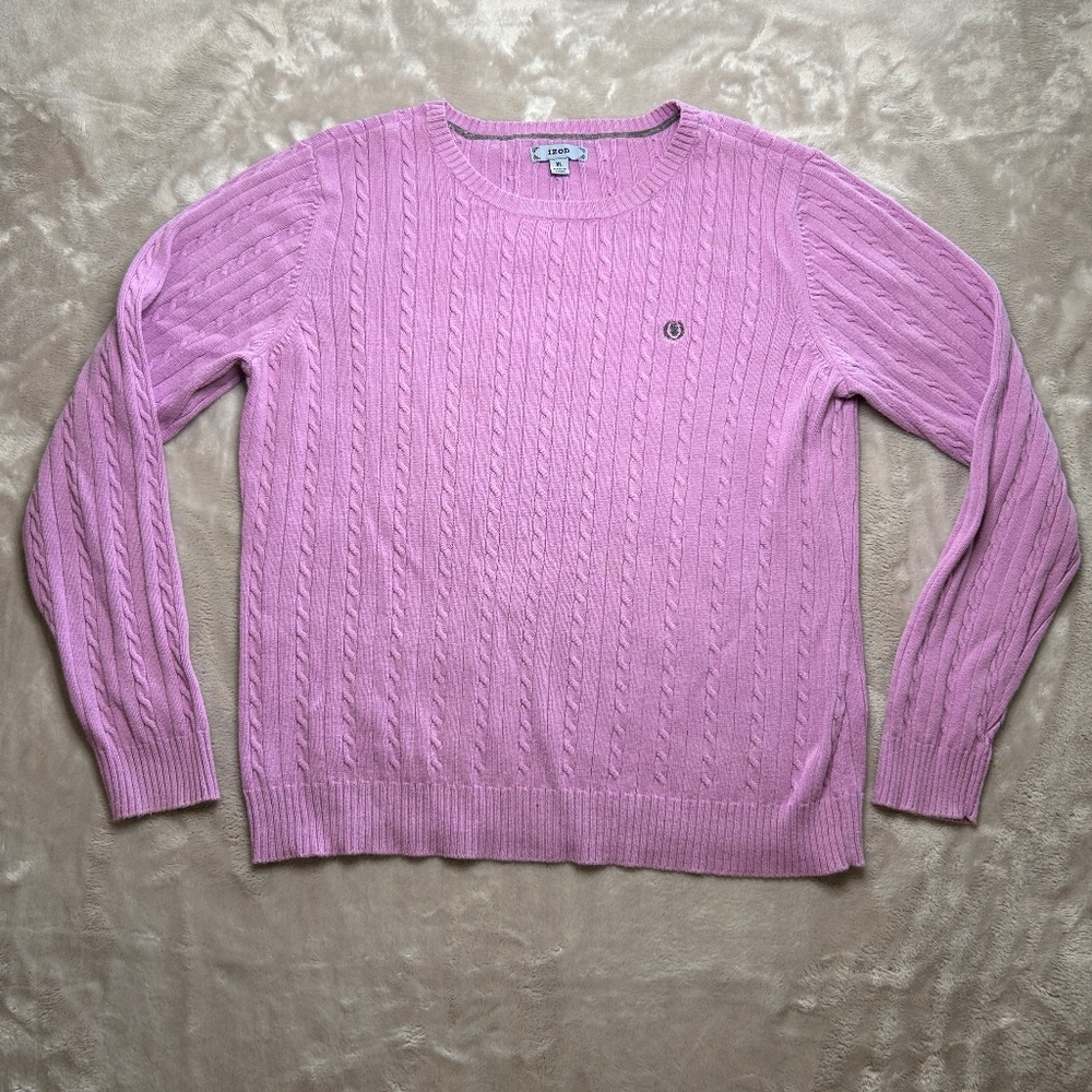 Izod Cable Knit Sweater Womens XL Purple Crewneck 100% Cotton Preppy Spring